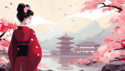 A woman in a red kimono stands in front of a mountain range. The image has a serene and peaceful mood, with the woman and the landscape