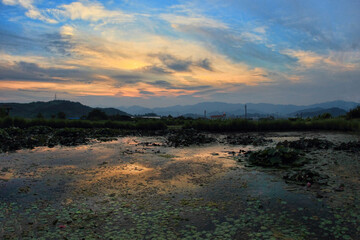 Sunset view of the pond in Cheongdo-eupseong, Cheongdo-gun, Gyeongsangbuk-do, Korea.