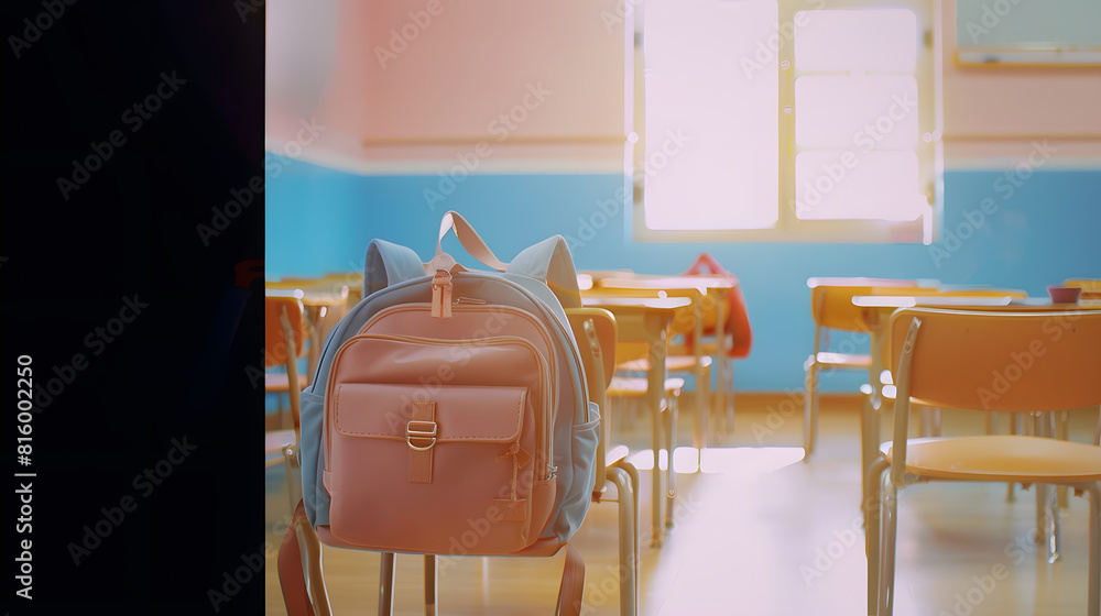 Poster interior of stylish empty classroom with backpacks and stationery : generative ai