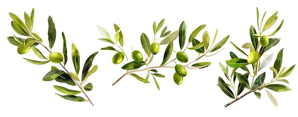 three olive branches with green olives on a white background. by copy space