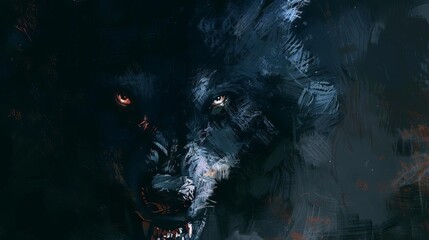 menacing werewolf lurking in shadows with glowing eyes and sharp fangs evoking horror and fear digital painting