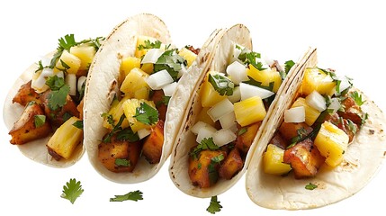 Four tacos are arranged in a line on a white surface. They are filled with meat, cheese, and various vegetables, and topped with cilantro. The one on the left has a piece of pineapple on the side.