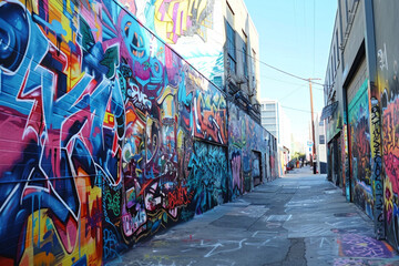 Fototapeta premium A quirky street art alley adorned with vibrant murals, graffiti tags, and urban artworks, showcasing the creativity and expression of local artists in a colorful and dynamic outdoor gallery. 