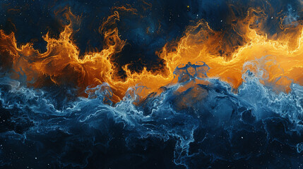 Waves crash, cobalt and saffron merging in abstract harmony.