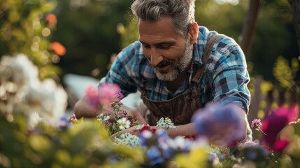 Fototapeta premium middleaged man planting flowers in garden father enjoying outdoor nature hobby lifestyle photography