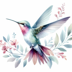 Naklejka premium watercolor color painting of hummingbird image on white background
