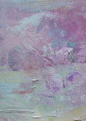 Textured vertical background. Abstract fictional landscape. Pink weathered brush strokes and palette knife structure.