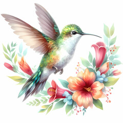 Fototapeta premium watercolor color painting of hummingbird image on white background