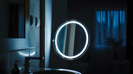Illuminated round mirror in a dark bathroom interior : Generative AI
