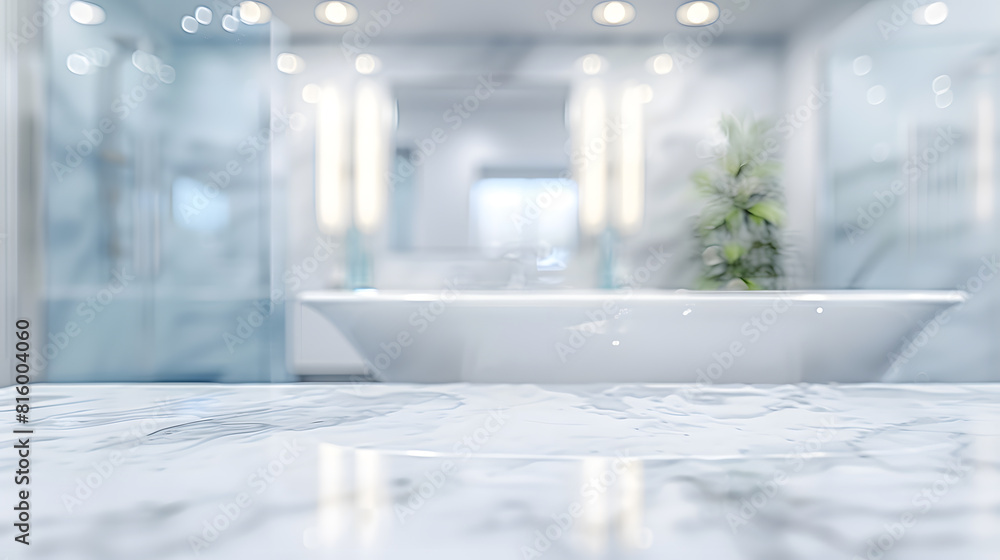 Poster Blurred bathroom background and  Marble counter table top  can be used mock up for montage products display or design layout : Generative AI