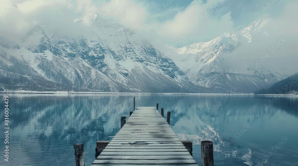 Poster minimalist ecommerce product display platform with snowy mountain and lake background