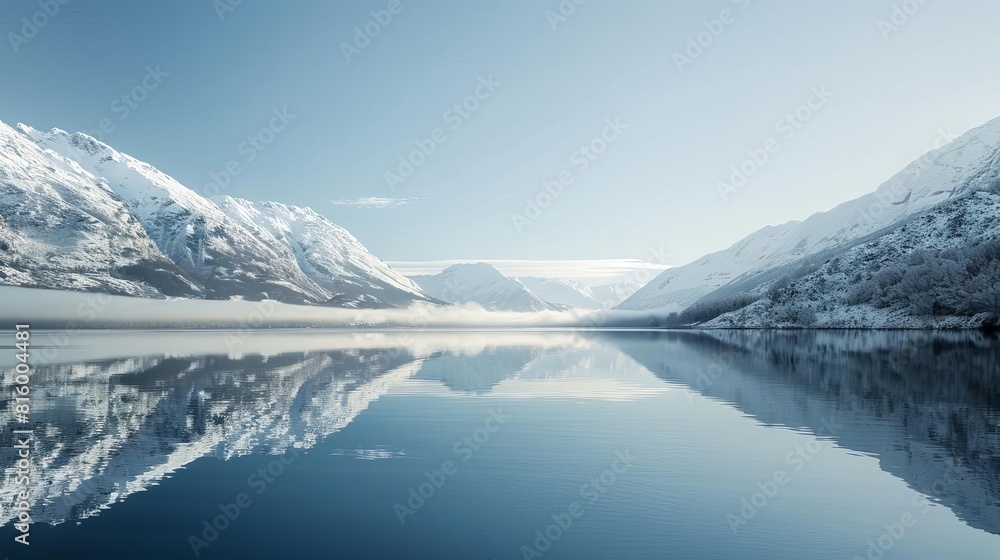 Poster minimalist ecommerce product display platform with snowy mountain and lake background