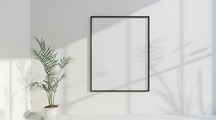 Blank empty picture frame mockup on white wall Artwork in interior design Modern boho style interior with poster template : Generative AI