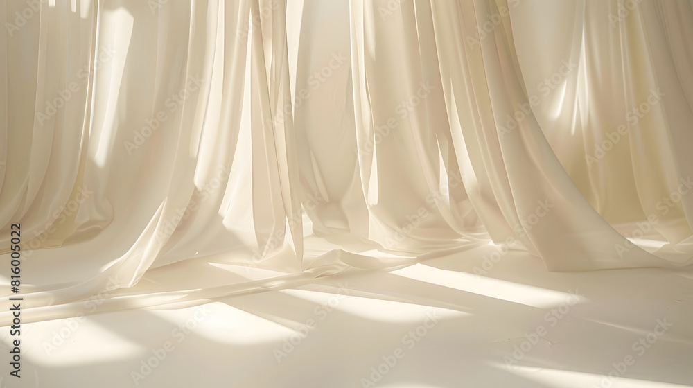 Poster Minimalistic abstract gentle light beige background for product presentation with light and shadow of window curtains on wall : Generative AI