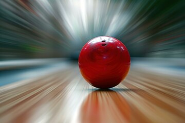 Red bowling ball races down the lane with a motion blur effect