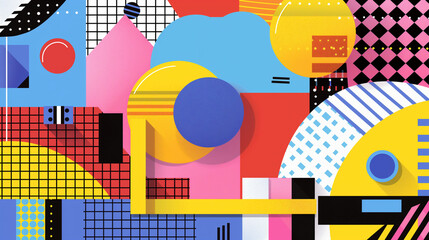 Vibrant retro design poster featuring bold geometric shapes and bright color blocks, reminiscent of 1980s graphic style