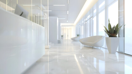 Blurred hotel or office building lobby blur background interior view toward reception hall modern luxury white room space with blurry corridor and building glass wall window : Generative AI