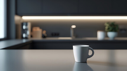 Beautiful coffee cup on island or table countertop in modern home kitchen Dark grey kitchen design  detail of interior : Generative AI