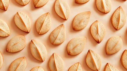 Almond-shaped cookies arranged in a decorative pattern on a solid almond background