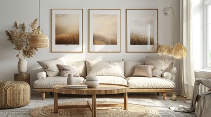 Three photo frames hanging on the wall of an elegant living room, each frame holding a minimalist landscape photograph in soft tones of beige and white. 