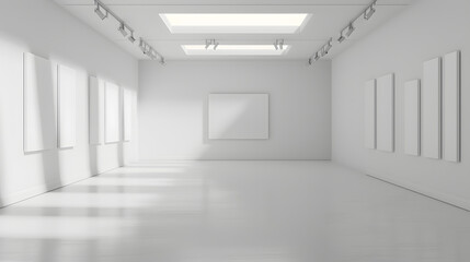 Gallery interior empty frames on wall Art gallery empty interior room with white walls floor and lights for pictures presentation photography contest exhibition hall Realistic mock up : Generative AI