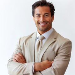 a man in a suit smiling with his arms crossed