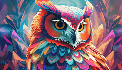Abstract animal Owl portrait with colorful double exposure paint