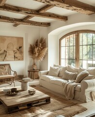 A modern farmhouse living room with large windows, white walls and ceiling, light brown wooden beams on the wall, beige sofa, coffee table in front of it, neutral colors with some dark accents