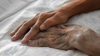 Young Hand Holding Elderly Hand on White Bedding