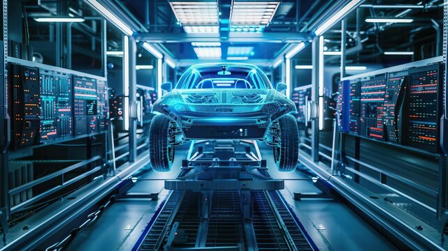 Automated testing of car electronics from front view  Precision testing of automotive electronics, emphasizing reliability in futuristic tone with a Complementary Color Scheme