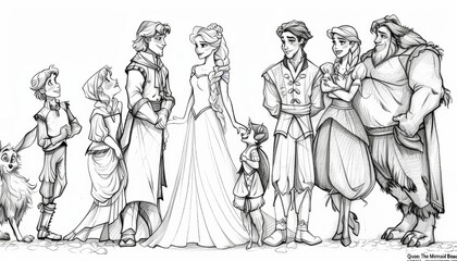 Simple line drawing of fairy tale characters for coloring: Images of favorite fairy tale characters such as Elsa from "Snow Queen",