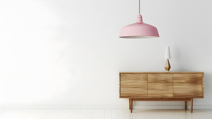 Retro pink ceiling lamp above a wooden sideboard in a modern living room interior with an empty white wall and copy space Place for your sofa : Generative AI