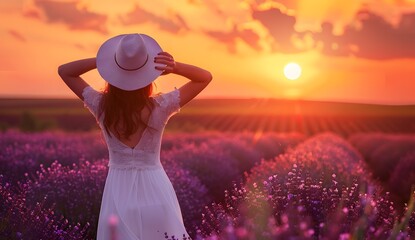 Woman in white dress and hat standing on the lavender field at sunset, looking into distance