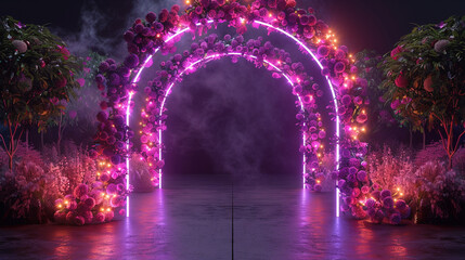 Modern wedding arch with neon lights.