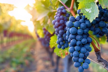 Close-up of blue grape cluster hanging on blurred Row of vineyards background. Grape farm....