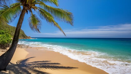 The deep azure blue ocean meets a golden sandy shore, with waves lapping on beach
