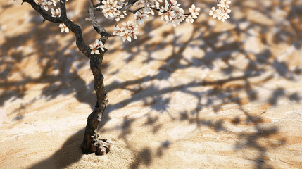 An almond tree casting its shadow on a solid almond backdrop