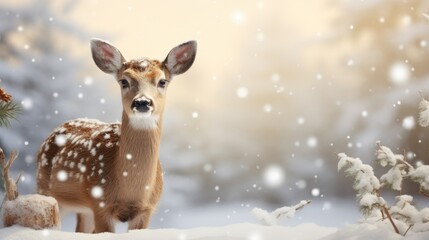 Obraz premium Christmas deer in a scarf on a winter background. Place for text, copyspace. 