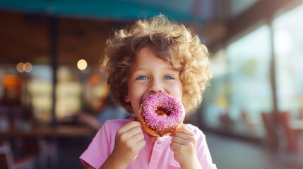 Cute boy eating a delicious donut with chocolate glaze in a cafe outside 
