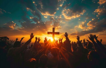 modular cross with people silhouette raising hands in worship with sunlight and sky background 