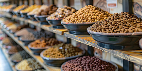 Animal food. Food for cats and dogs, shelves with goods for animals. Pet Shop