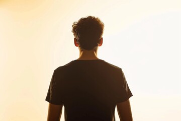 Silhouette of man in a black t-shirt on a white background, illuminated from behind, silhouette of a young attractive male model looking away from the camera Generative AI