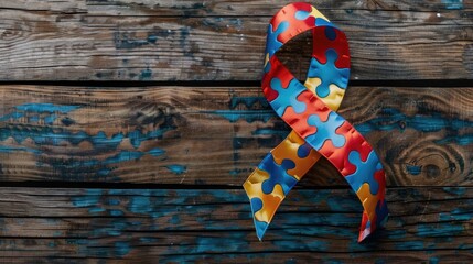 Top view of a vibrant puzzle ribbon against a rustic wooden backdrop marking World Autism Awareness Day