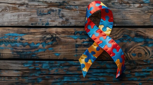 Top view of a vibrant puzzle ribbon against a rustic wooden backdrop marking World Autism Awareness Day