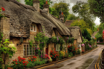 Fototapeta premium A quaint English countryside village with charming thatched cottages, cobblestone streets, and blooming flower gardens