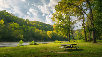 An empty campsite next to a river with a lush yellow and green colored hillside of trees The sky is blue with clouds Theres a picnic table on the grasscovered park campground with no p : Generative AI