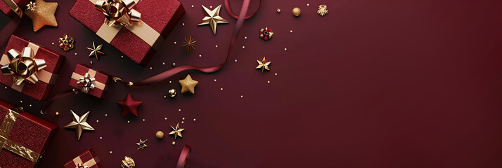 New Year banner. Christmas gift boxes tied with bows, balls, golden decorations. Season's greetings scene perfect for messages or promo. Xmas frame. Gifts on dark red. Presents with stars, confetti