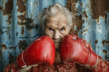 Elderly woman with boxing gloves on, showcasing strength and determination