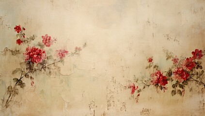 Garden Wall Elegance: Flora and Leaves Against Grungy Background