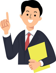 office man standing holding file with hands pointing finger to copy space or advertising concept and announcement